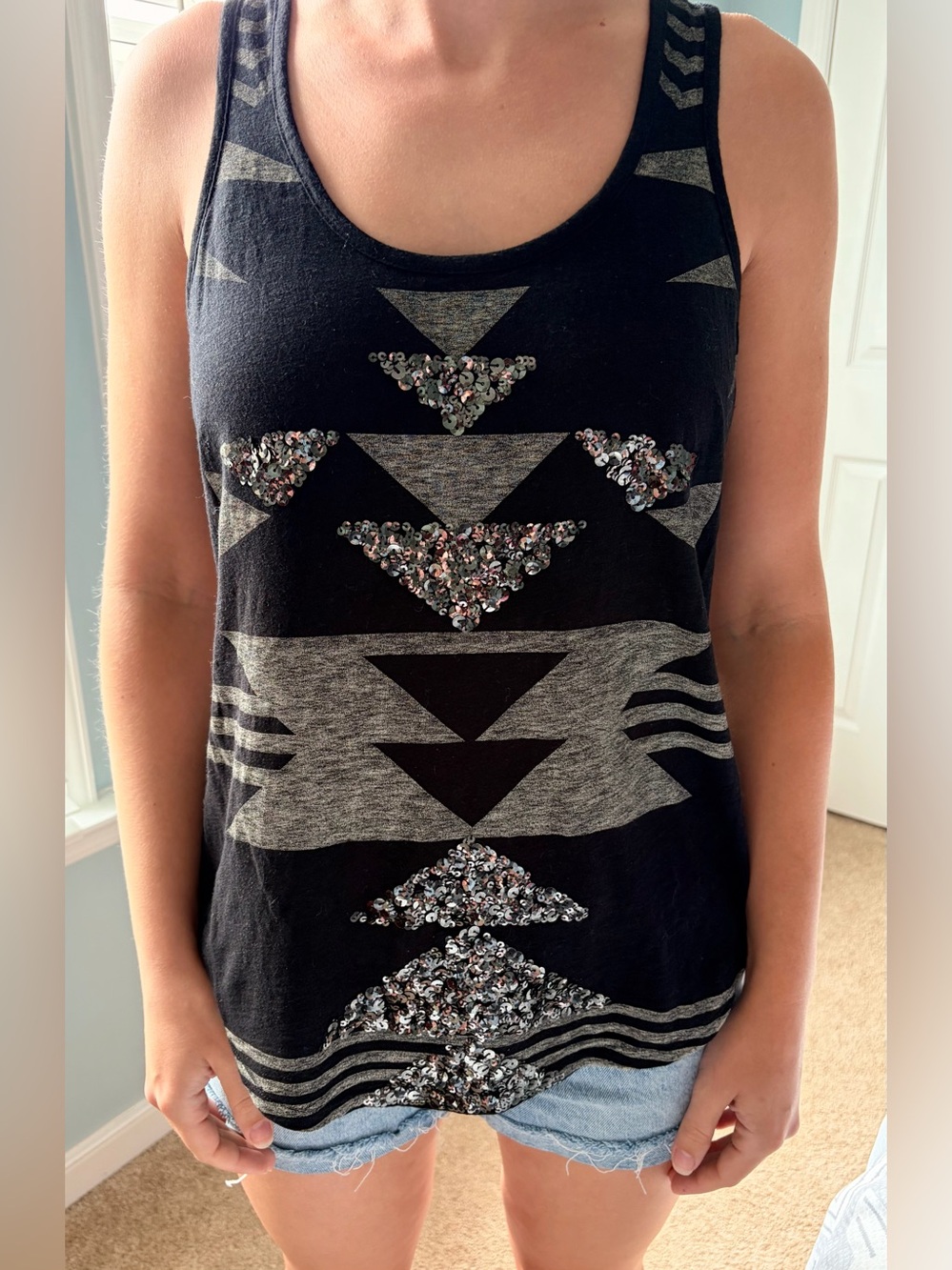 Express Black Lace Sequin Aztec Tank Top November 2013 Size Small